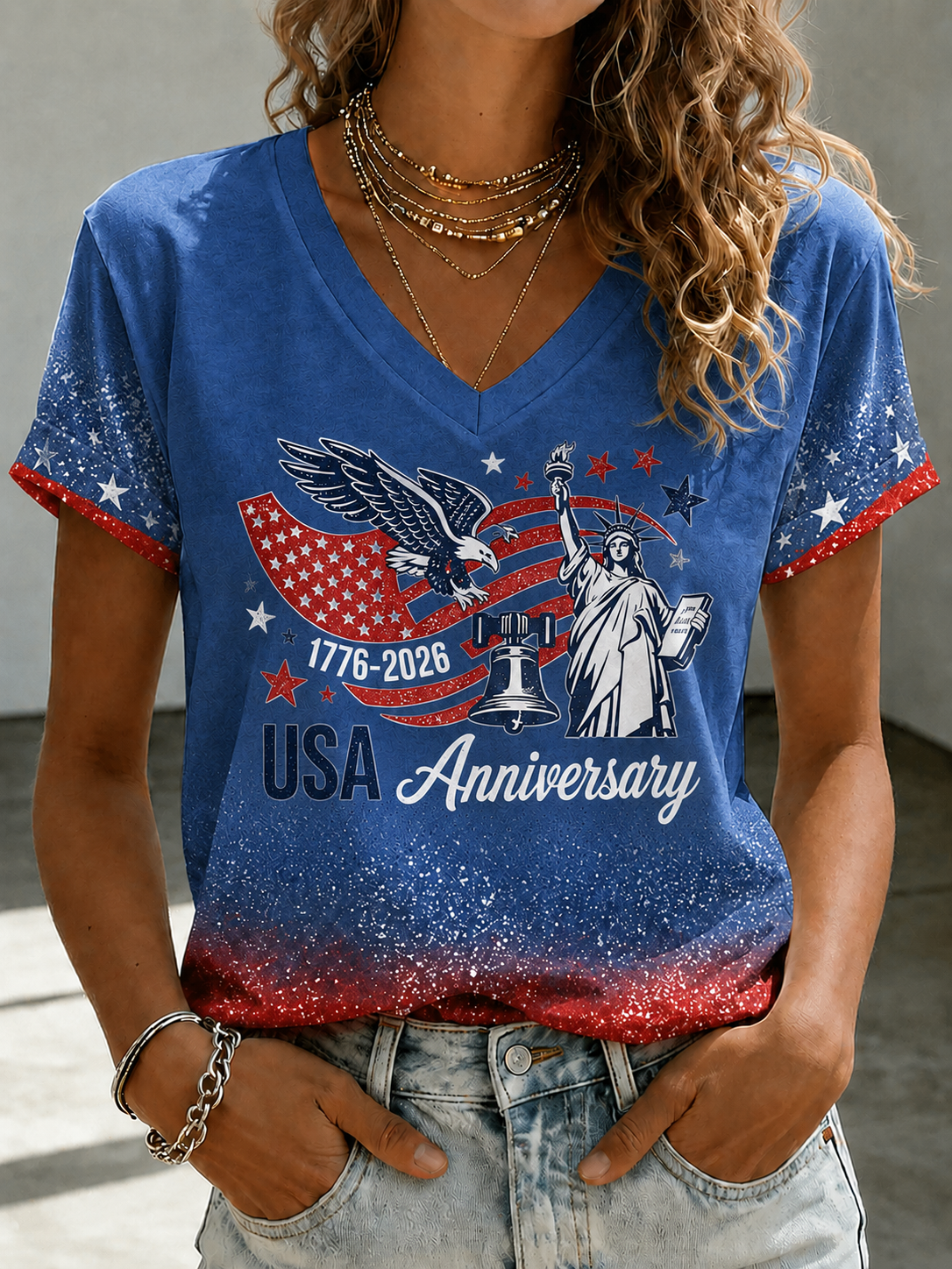 Women'S Retro Flag Art Printed Casual Short Sleeved T-Shirt