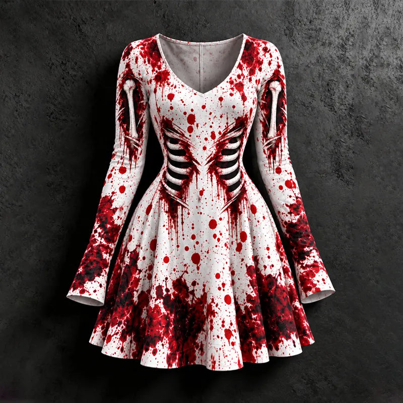 Women's Halloween Bloodstain Skull Print V-neck Midi Dress