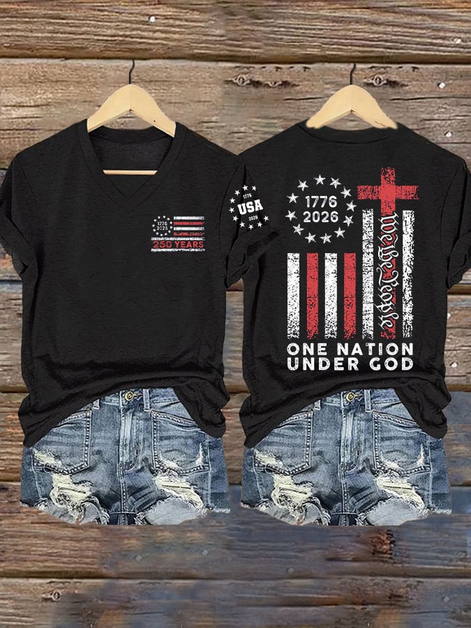 Women's Vintage USA 250th Anniversary One Nation Under God Print Casual T-shirt