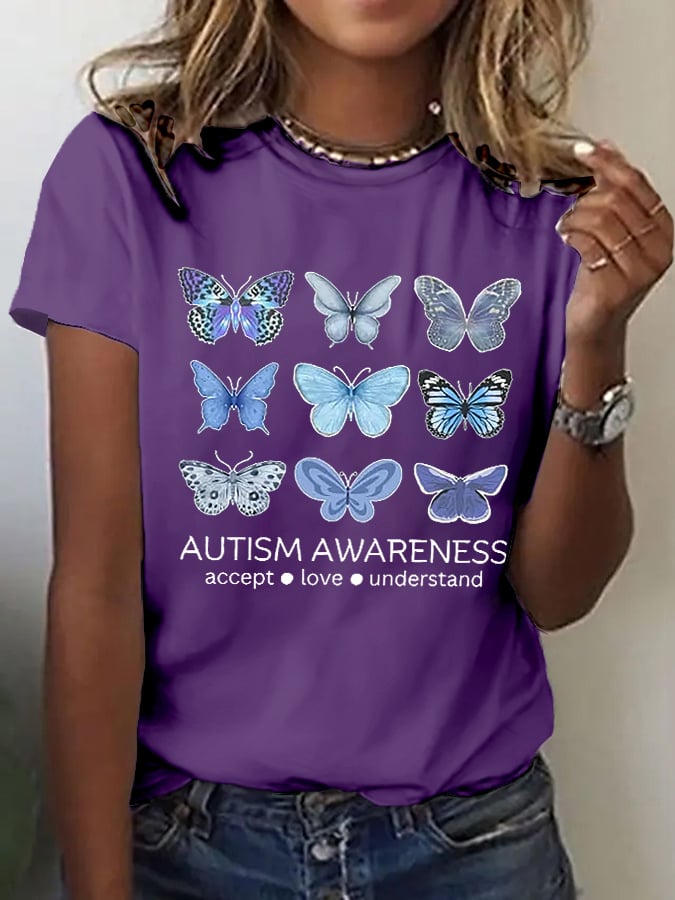 Women's Retro Autism Awareness Accept Love Understand Print T-Shirt