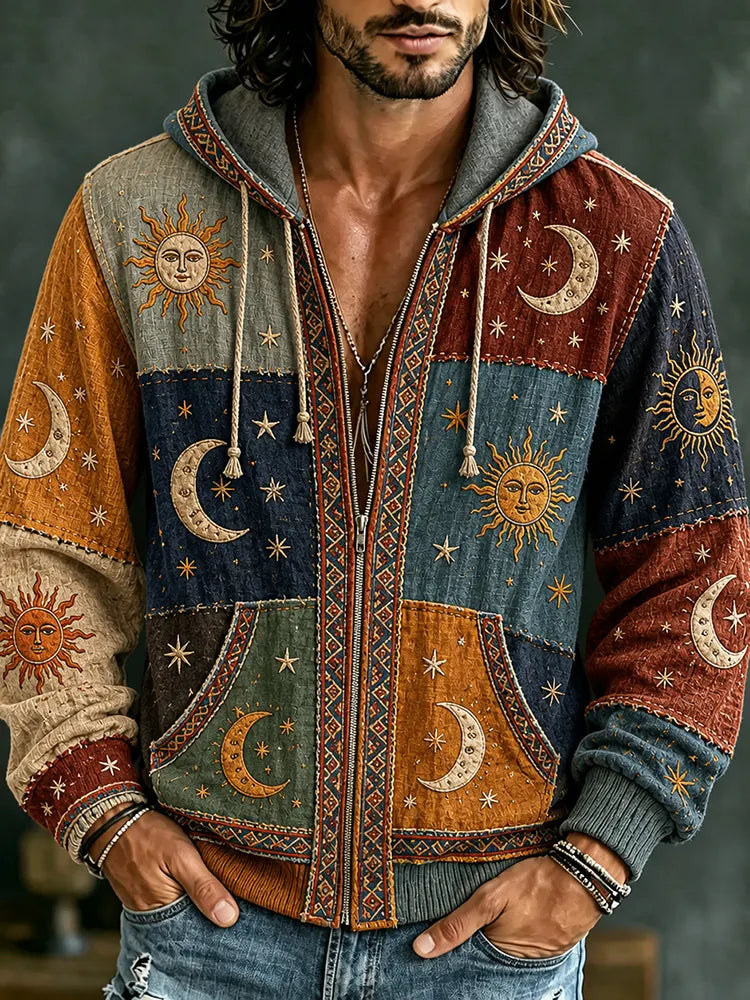 Men's Vintage Patchwork Peace Sign Sun Moon Star Art Cozy Warm Zipper Hoodie