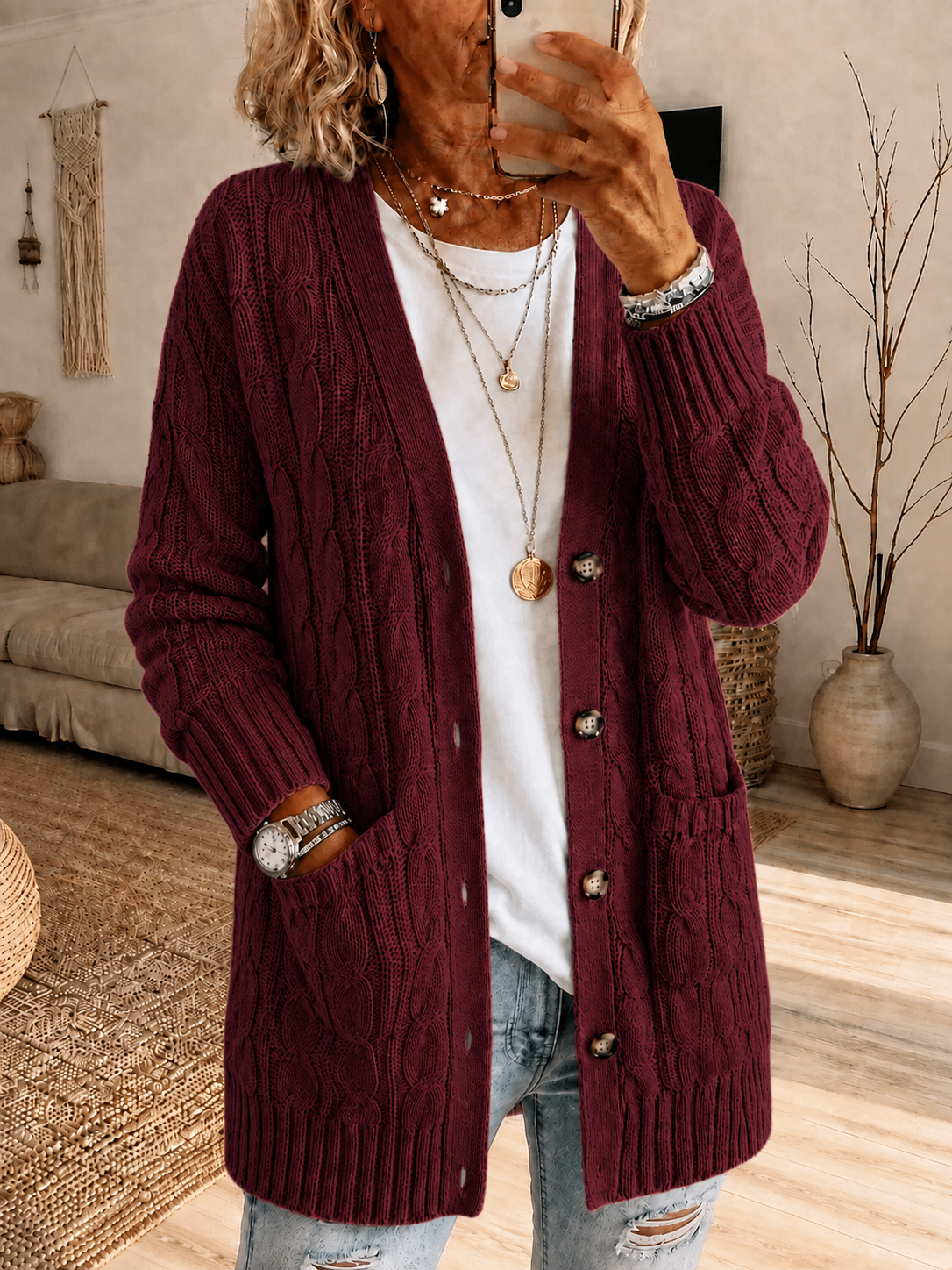 Women'S Pink Multi-Color Casual Cardigan Knitted Sweater Mid Length Top
