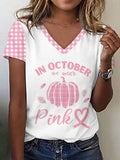 Women's In October We Wear Pink Pumpkin Print V-Neck Tee