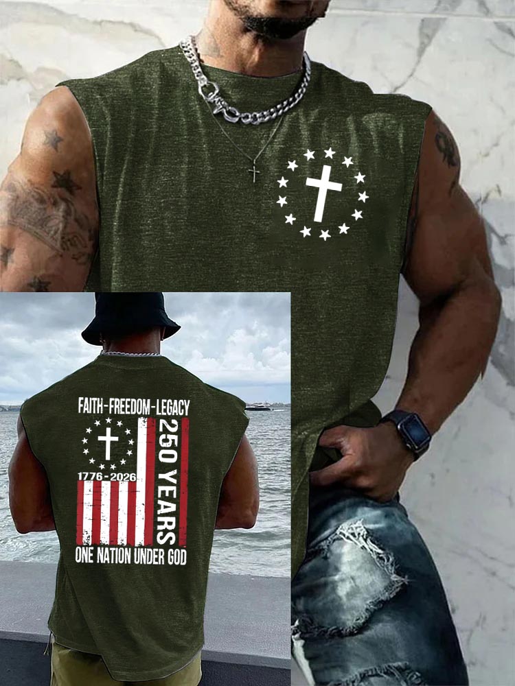 Faith Freedom Legacy One Nation Under God Pattern Round Neck 100% Cotton Tank Top