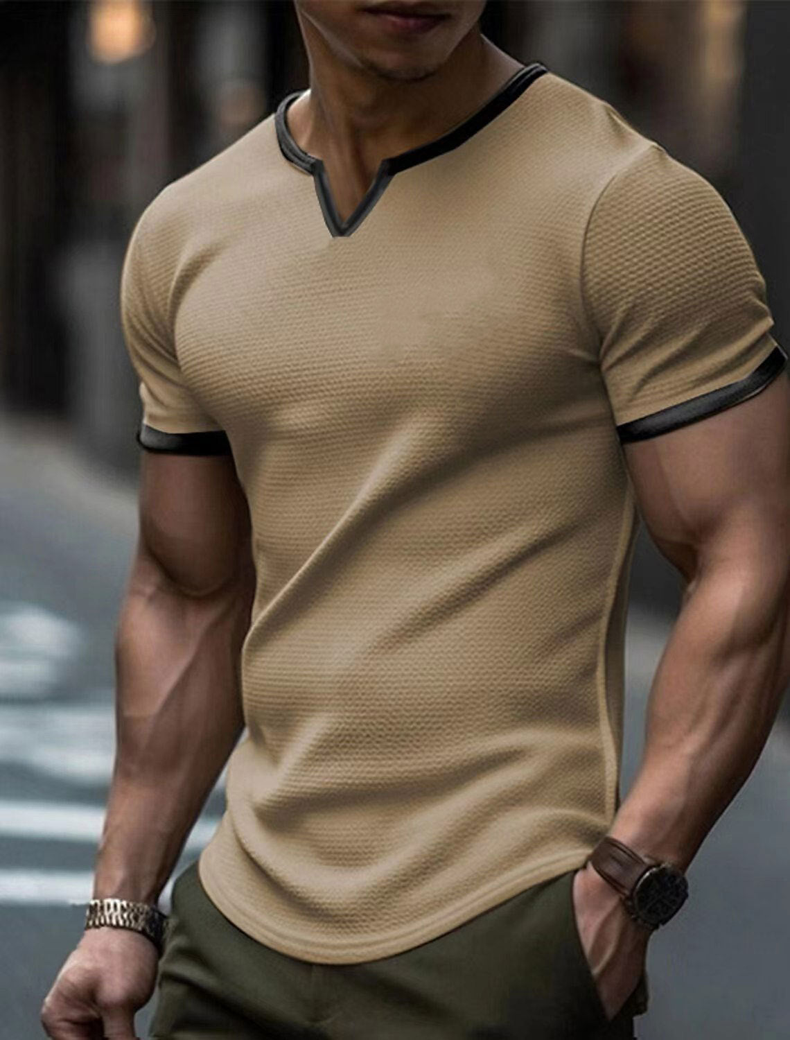 Men's V-Neck Color-Block Short-Sleeve Outdoor Sports T-Shirt