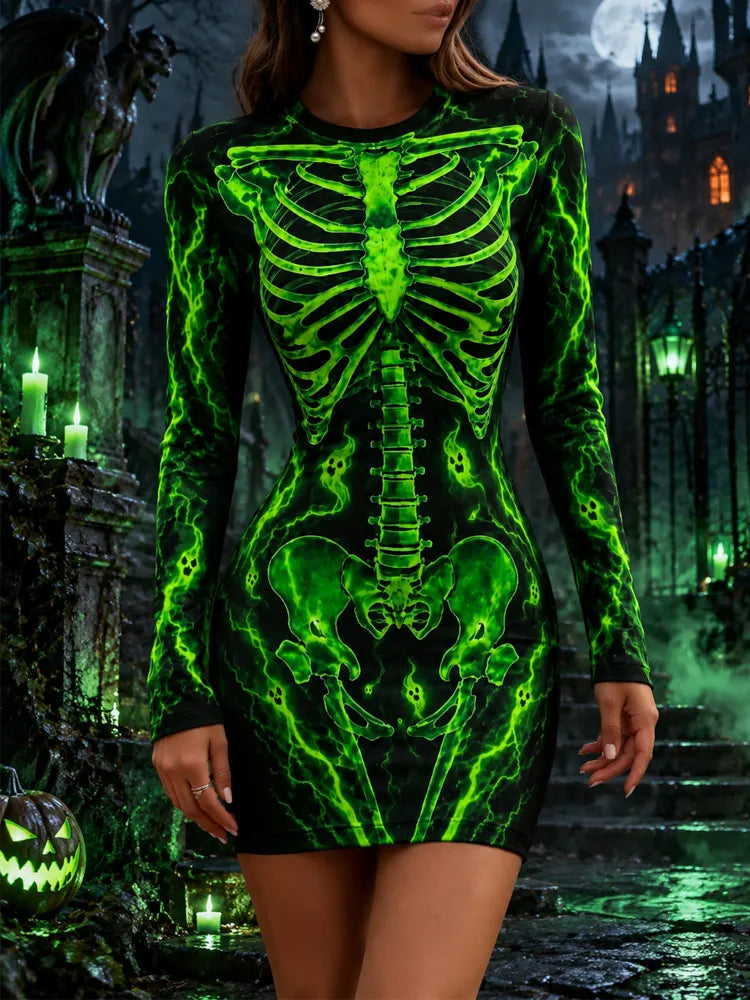 Women's Gothic Halloween Skeleton Flame Lightning Ghost Print Bodycon Dress