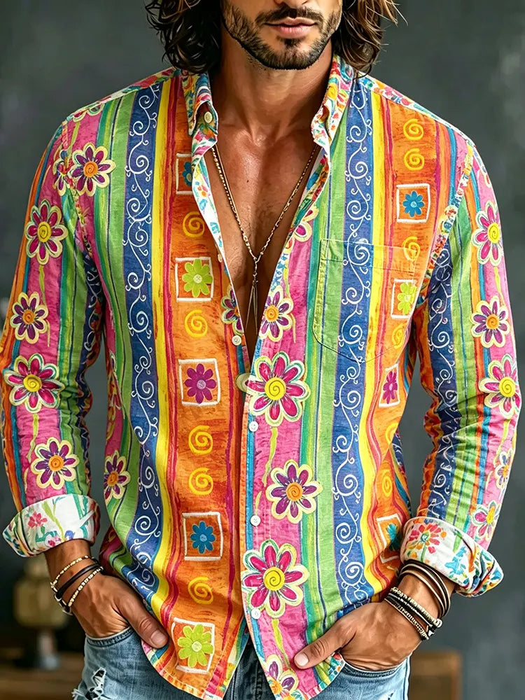 Men's Retro Striped Floral Print Cotton Linen Long-sleeve Shirt