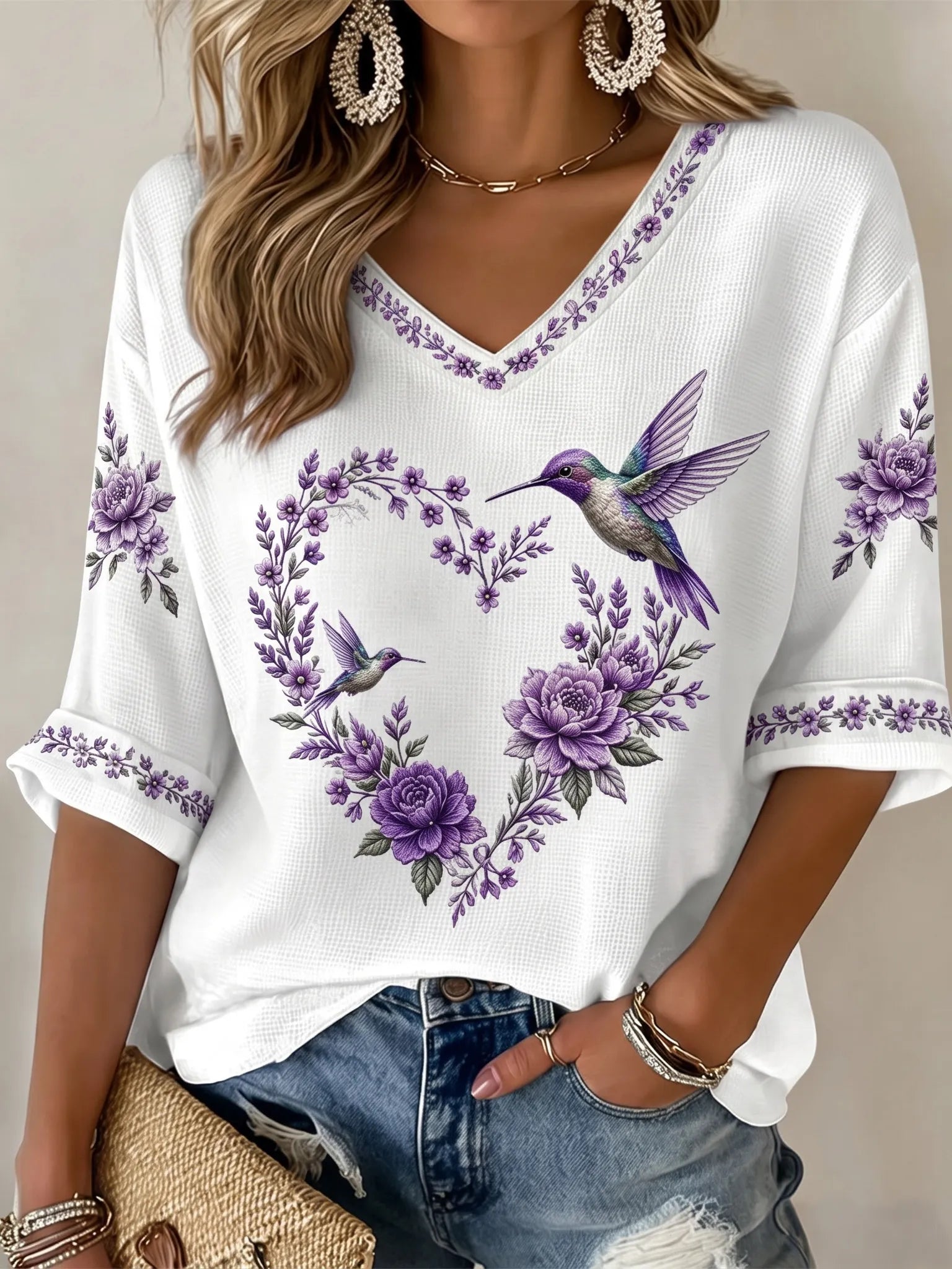 Women's Vintage Floral & Hummingbird Art Print V-neck T-shirt
