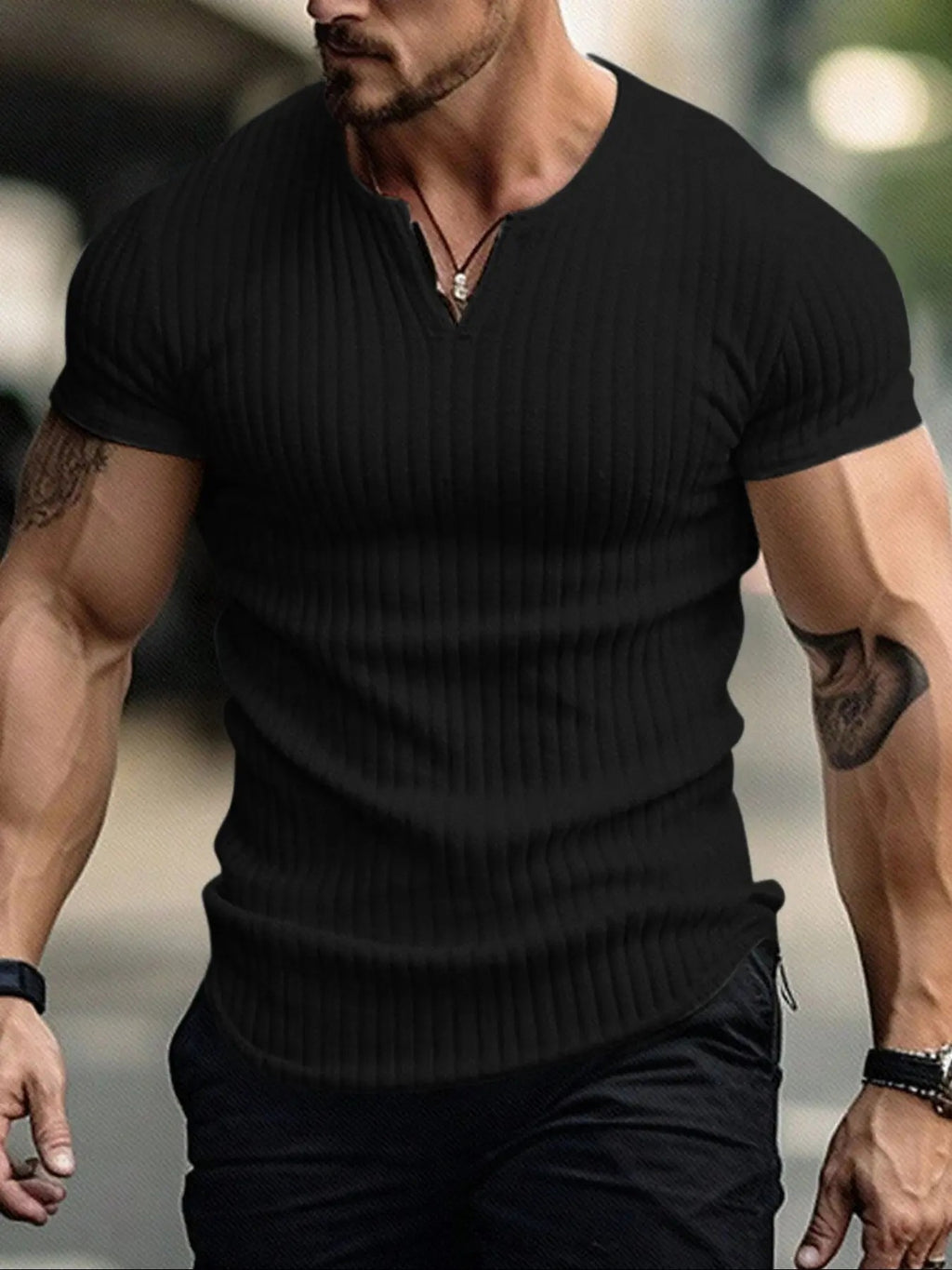 Men's Spring Summer Outfits Vertical Striped Textured V-Neck Short Sleeve T-Shirt for Daliy Wear, Gym Wear Solid Color Old Money Style