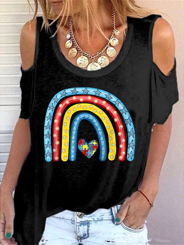 Women'S Autism Rainbow Awareness Print Off Shoulder Short Sleeve T-Shirt
