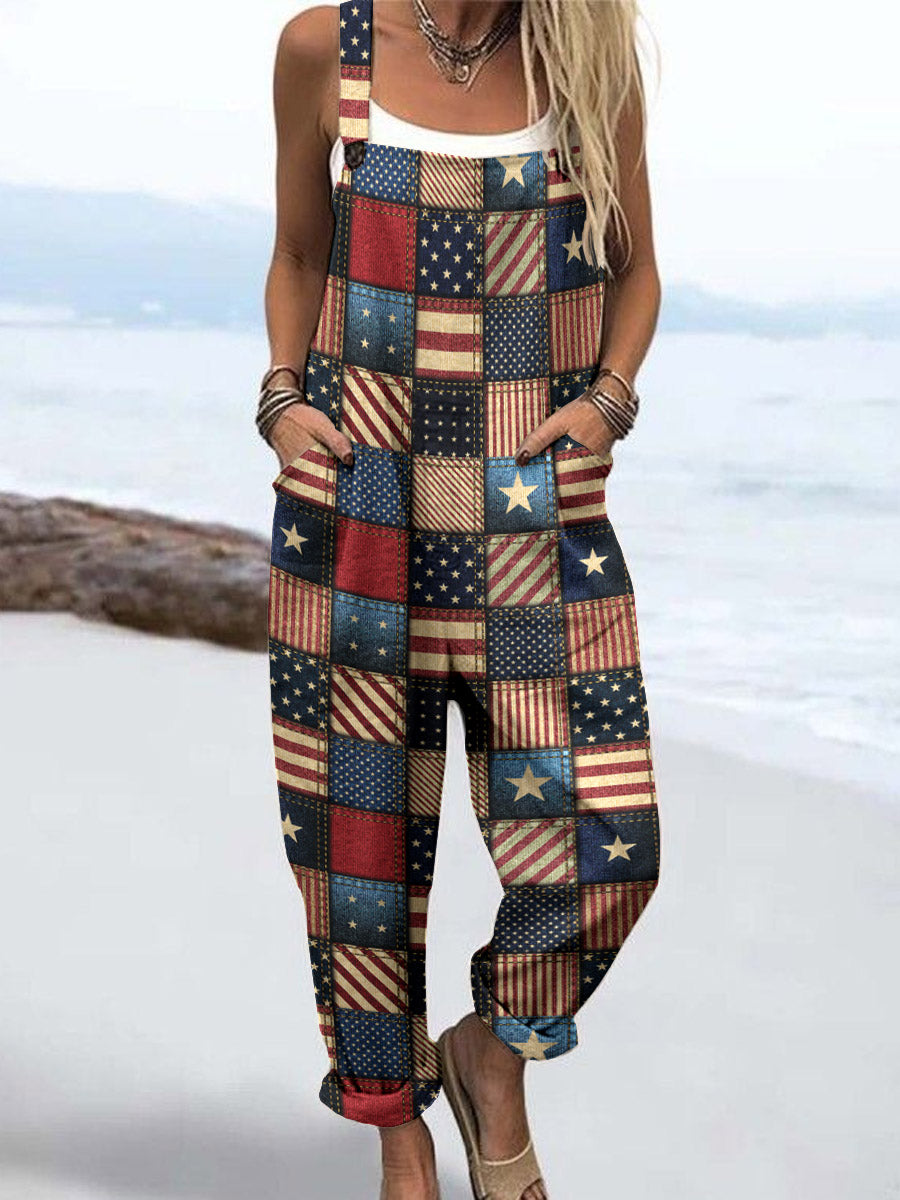 Wome'S Vintage Independence Day American Flag Checkered Pattern Print Casual Cotton Wide Leg Jumpsuit