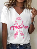 Women's Pinktotber Breast Cancer Awareness Print V Neck T-Shirt