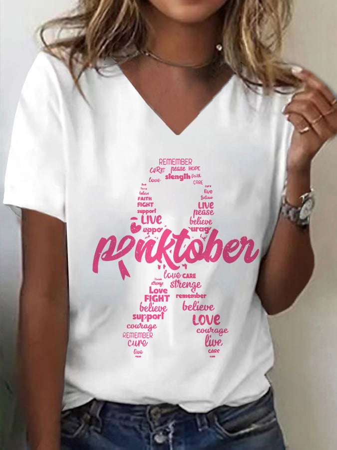 Women's Pinktotber Breast Cancer Awareness Print V Neck T-Shirt