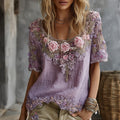 Women's Vintage Floral Embroidered Art Flowy Linen Blend Short Sleeve Casual Tops
