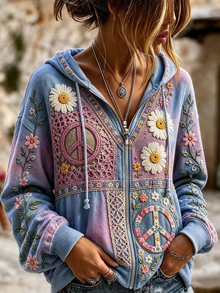 Women's Vintage Hippie Floral Patchwork Art Comfy Zipper Hoodie