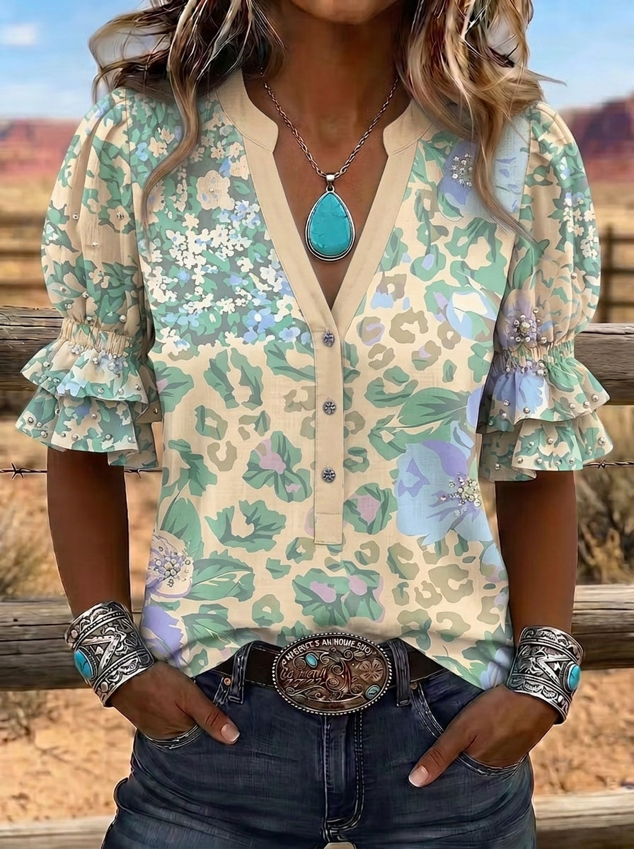 Women's Western Vintage Floral Leopard Printed Ruffle Sleeve Top