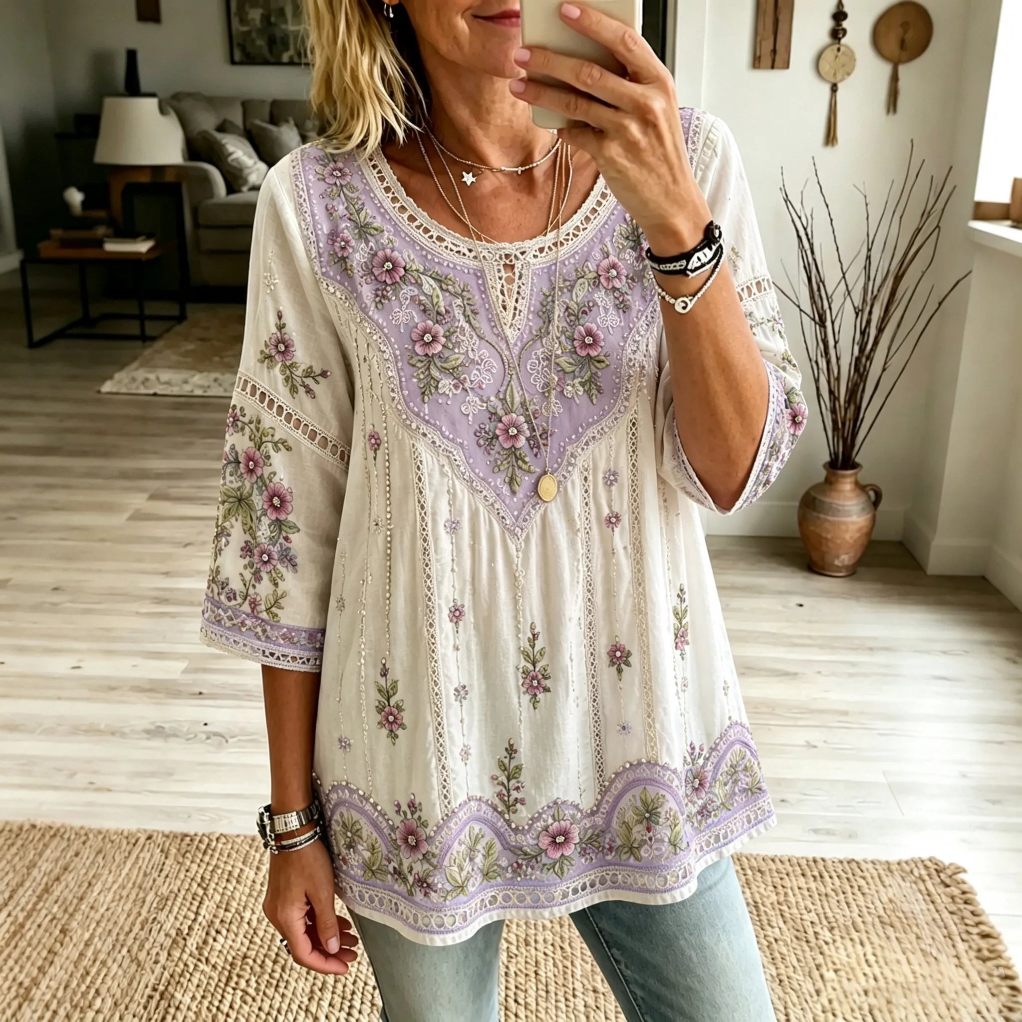 Women's Vintage Boho Floral Art Crew Neck Linen Blend T-shirt