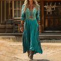 Vintage  Ethnic Floral Art Pattern Linen Blend  V-neck Loose Long Sleeve Midi Dress