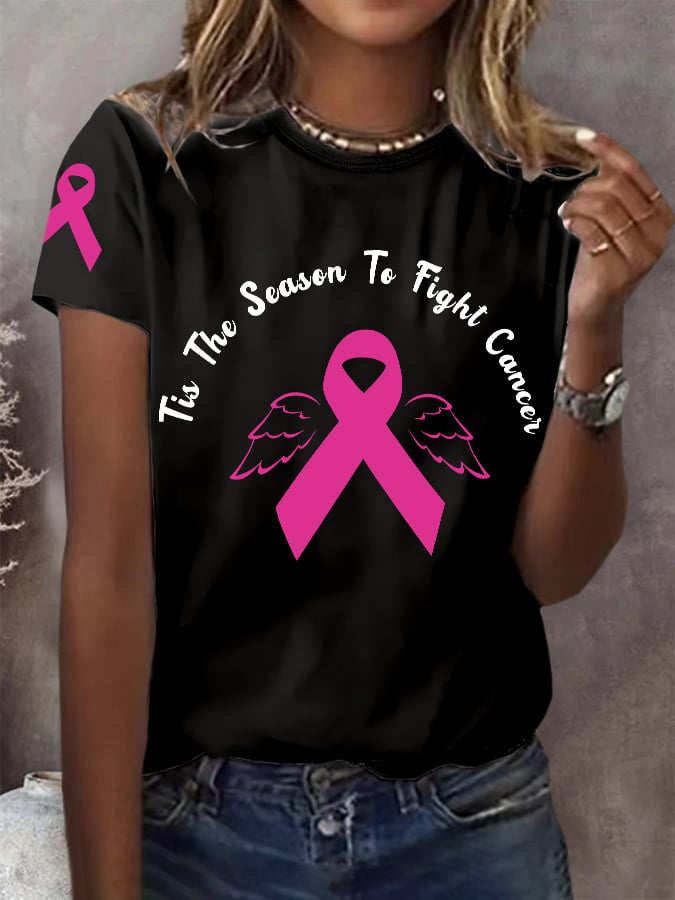 Women's Tis The Season To Fight Cancer Breast Cancer Awareness Printed T-Shirt
