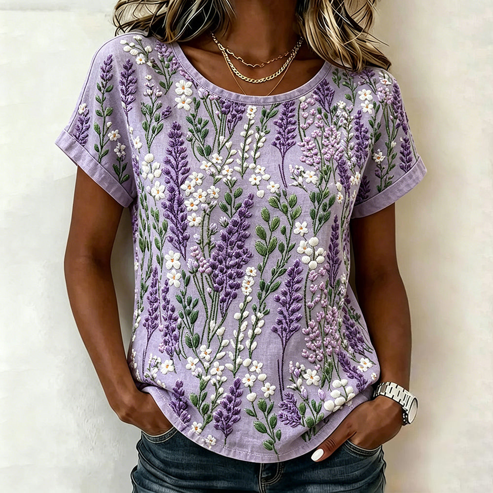 Vintage Lilac Lavender Embroidery Art Washed T Shirt