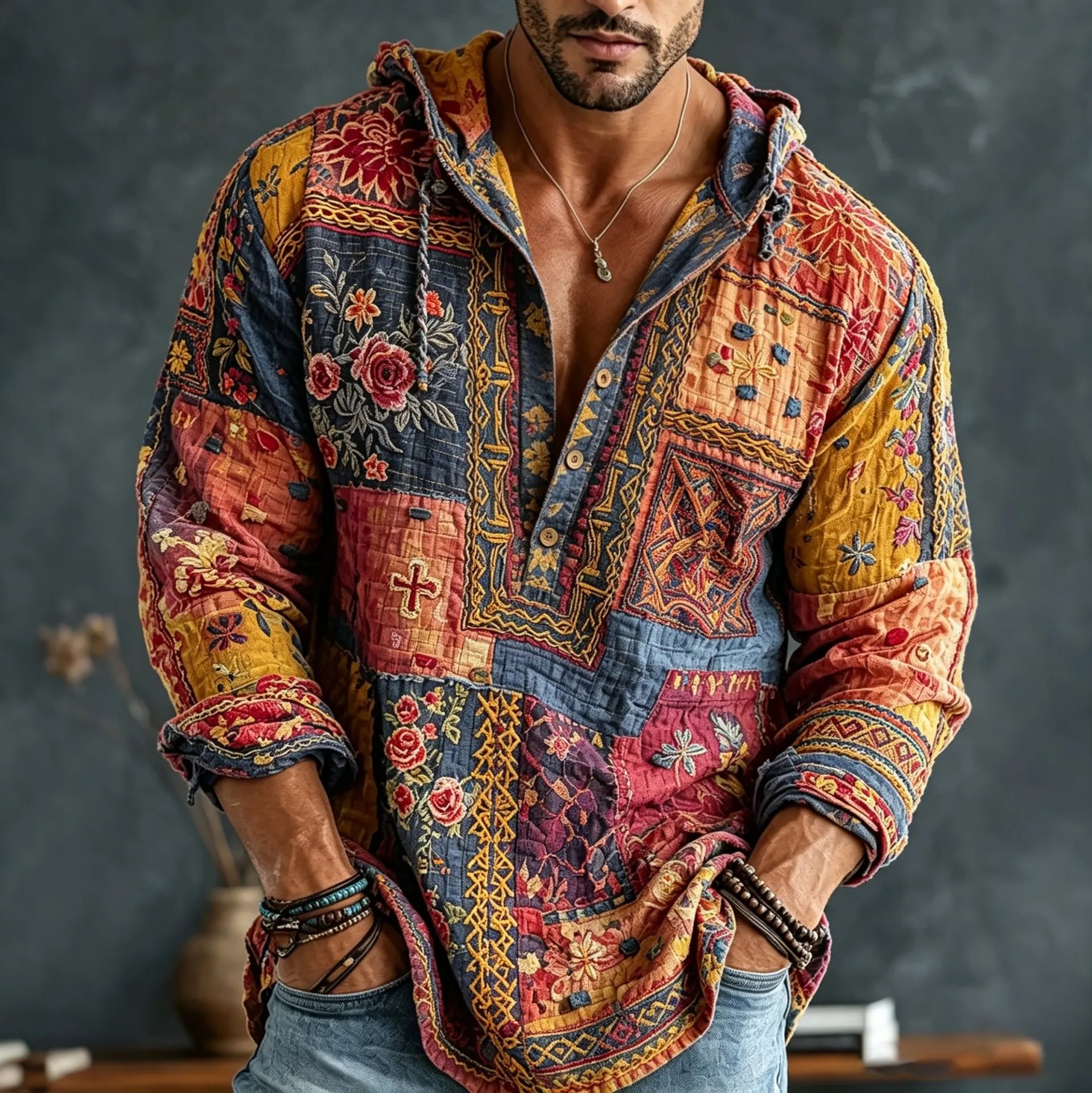 Men's Retro Floral  Patchwork Embroidered Art Print Flowy Linen Blend Casual  Hooded Shirt