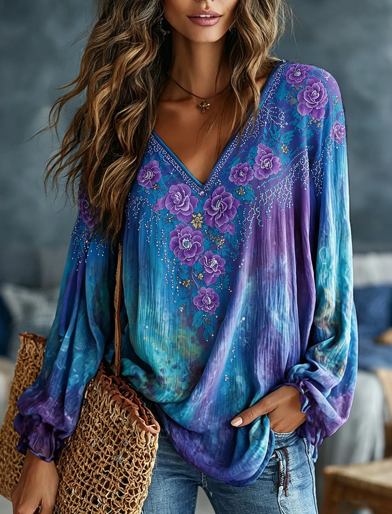 Women's Vintage Romantic Floral Art Linen Blend Long Sleeve Tops