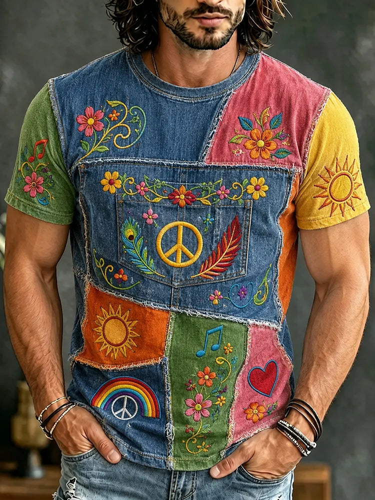 Men's Vintage Hippie Patchwork Art Floral Embroidered Short Sleeve T-shirt