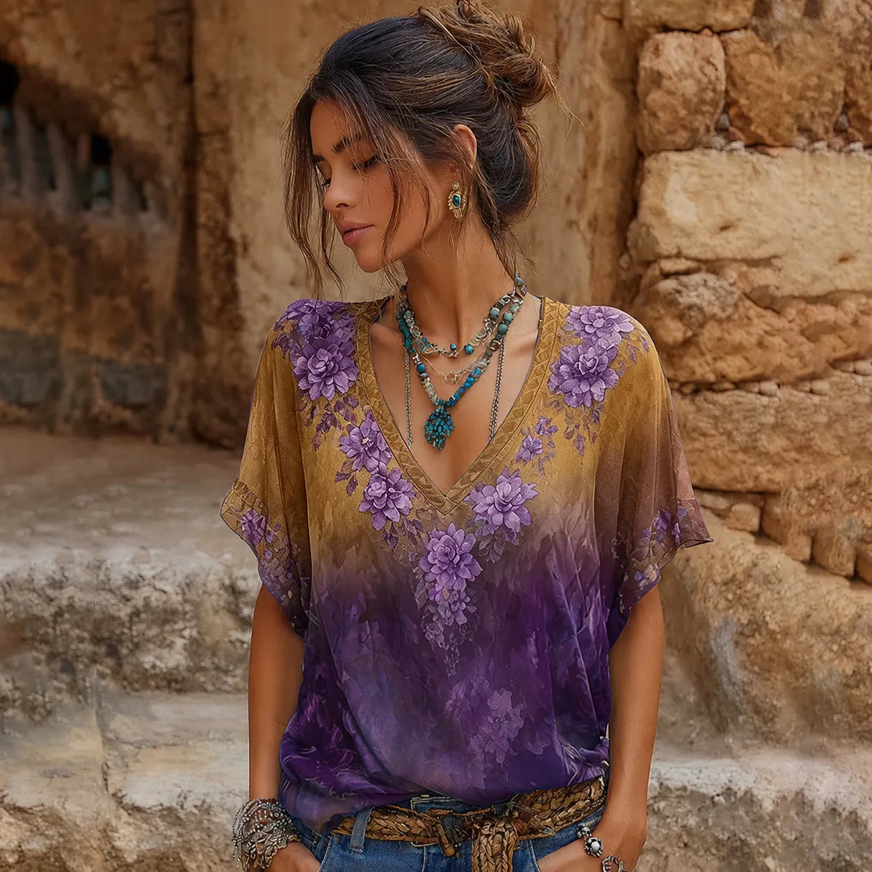 Women's Retro Purple Floral Embroidery Pattern Casual V-neck T-shirt