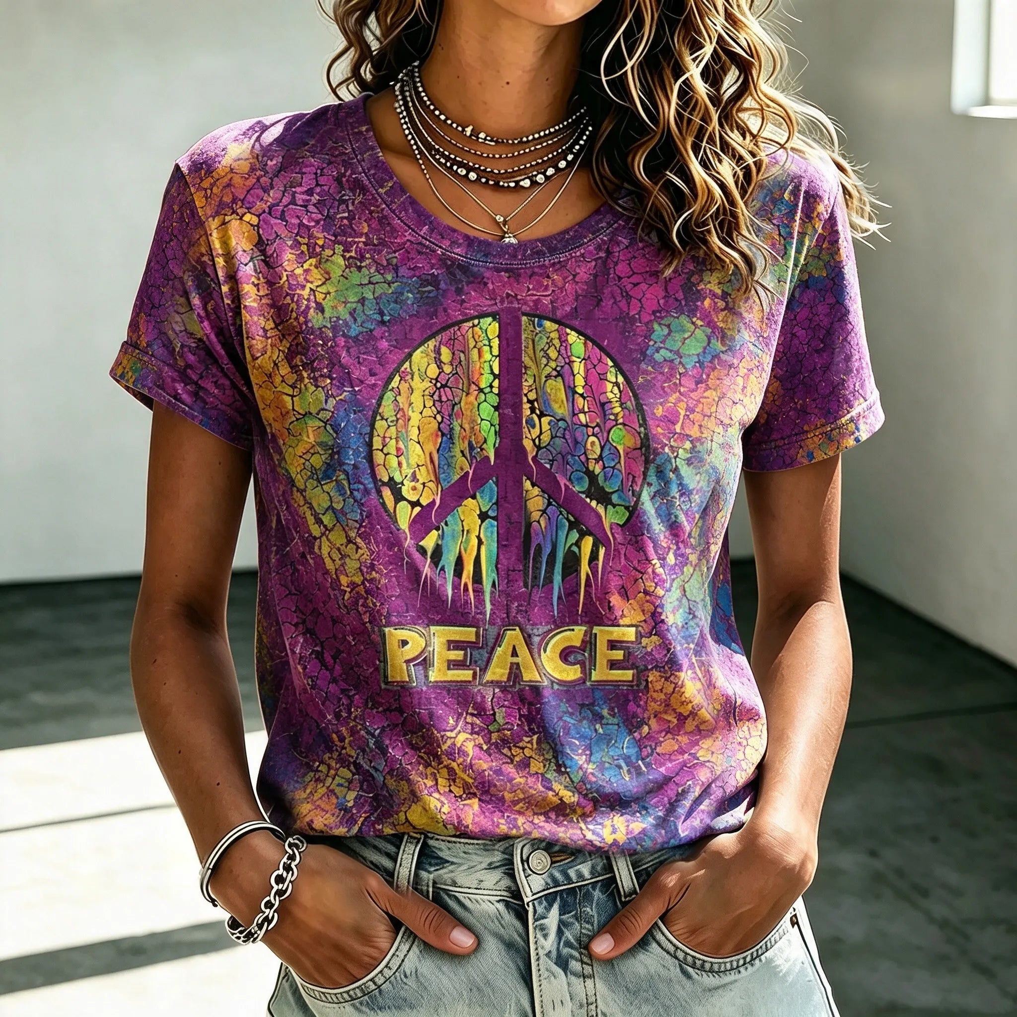 Women's Retro Hippie Peace Sign Print T-shirt