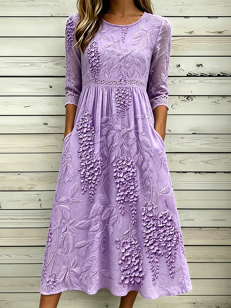 Elegant Purple Wisteria Embroidery Art Flowy Linen Maxi Dress