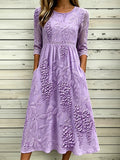 Elegant Purple Wisteria Embroidery Art Flowy Linen Maxi Dress