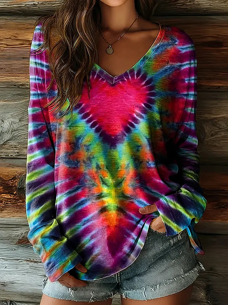 Women's Hippie Heart Tie-dye Art Print Casual V-neck Long Sleeve T-shirt