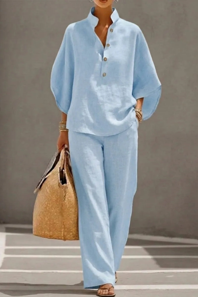 🔥 49% OFF🔥Women's Batwing Sleeve Linen Cotton Two-Piece Set – Casual Shirt & Wide Leg Pants Outfit