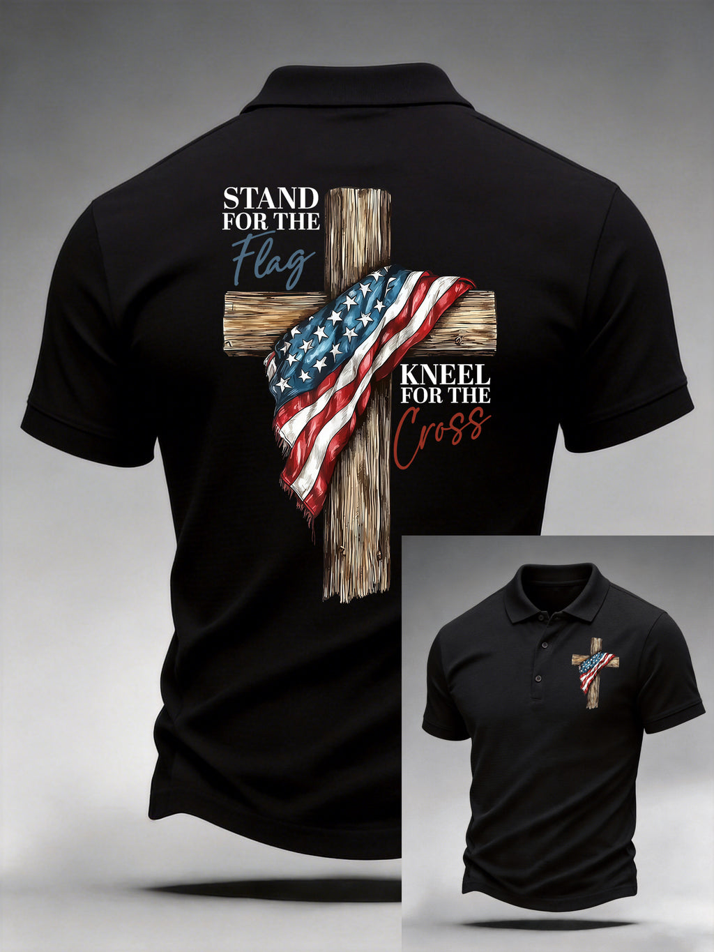 Men's Casual Stand For The Flag Kneel For The Cross Printed Polo Shirt