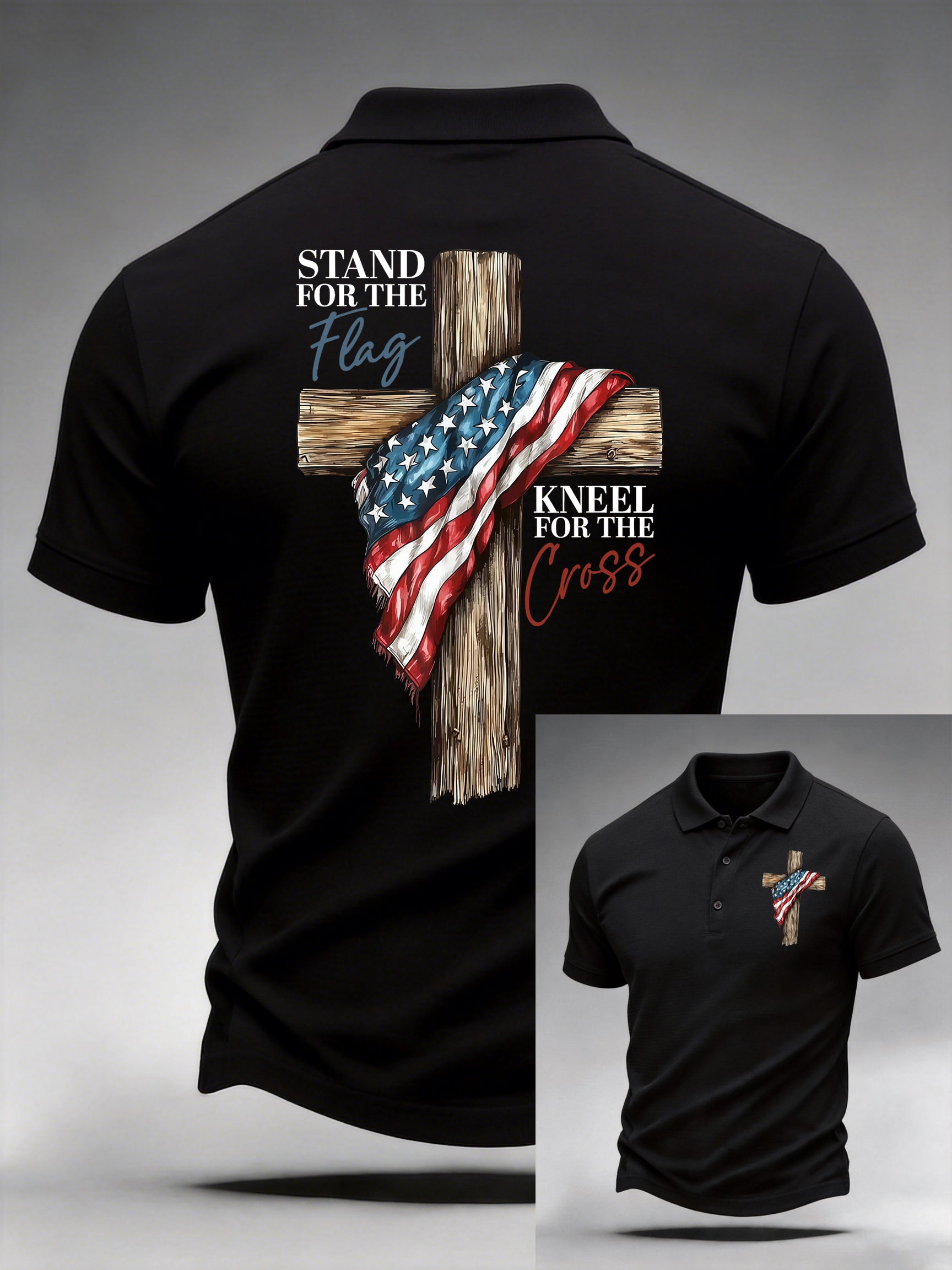 Men's Casual Stand For The Flag Kneel For The Cross Printed Polo Shirt
