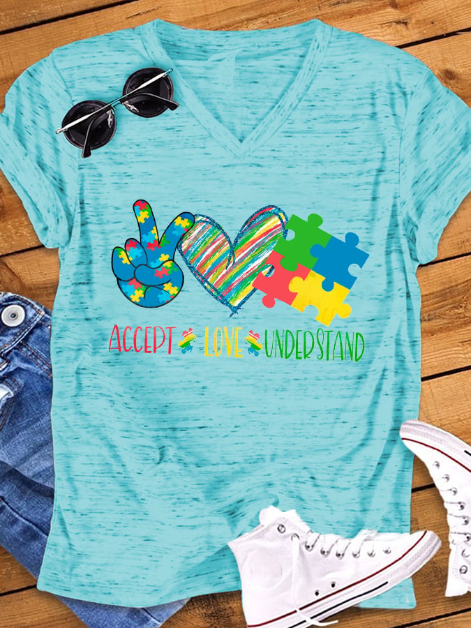 Women's Accept Love Understand Print Autism Awareness T-Shirt