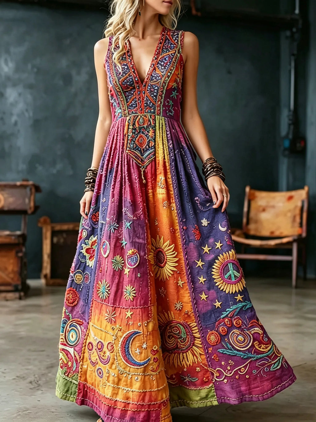 Women's Retro Hippie Floral Art Peace Symbol Embroidered Cotton Linen Sleeveless Dress