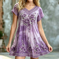 Women's Vintage Purple Rose Art Print V-neck Short Sleeve Loose Mini Dress