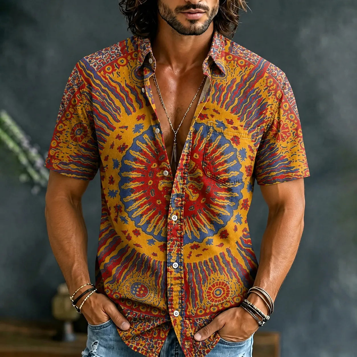Men's Hippie Art Abstract Pattern All Over Print Short Sleeves Shirt
