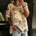 Women's Dragonfly And Floral Art Hippie Patchwork Cotton Linen Crew Neck Short Sleeve Top