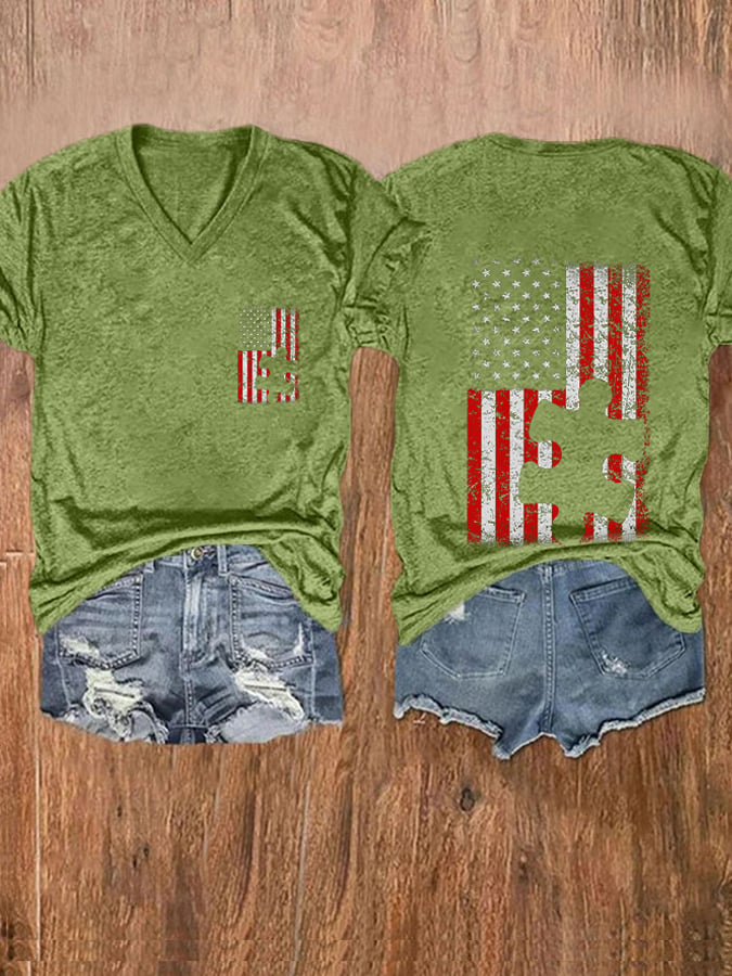 V-neck Retro Autism Awareness Flag Puzzle Print T-Shirt