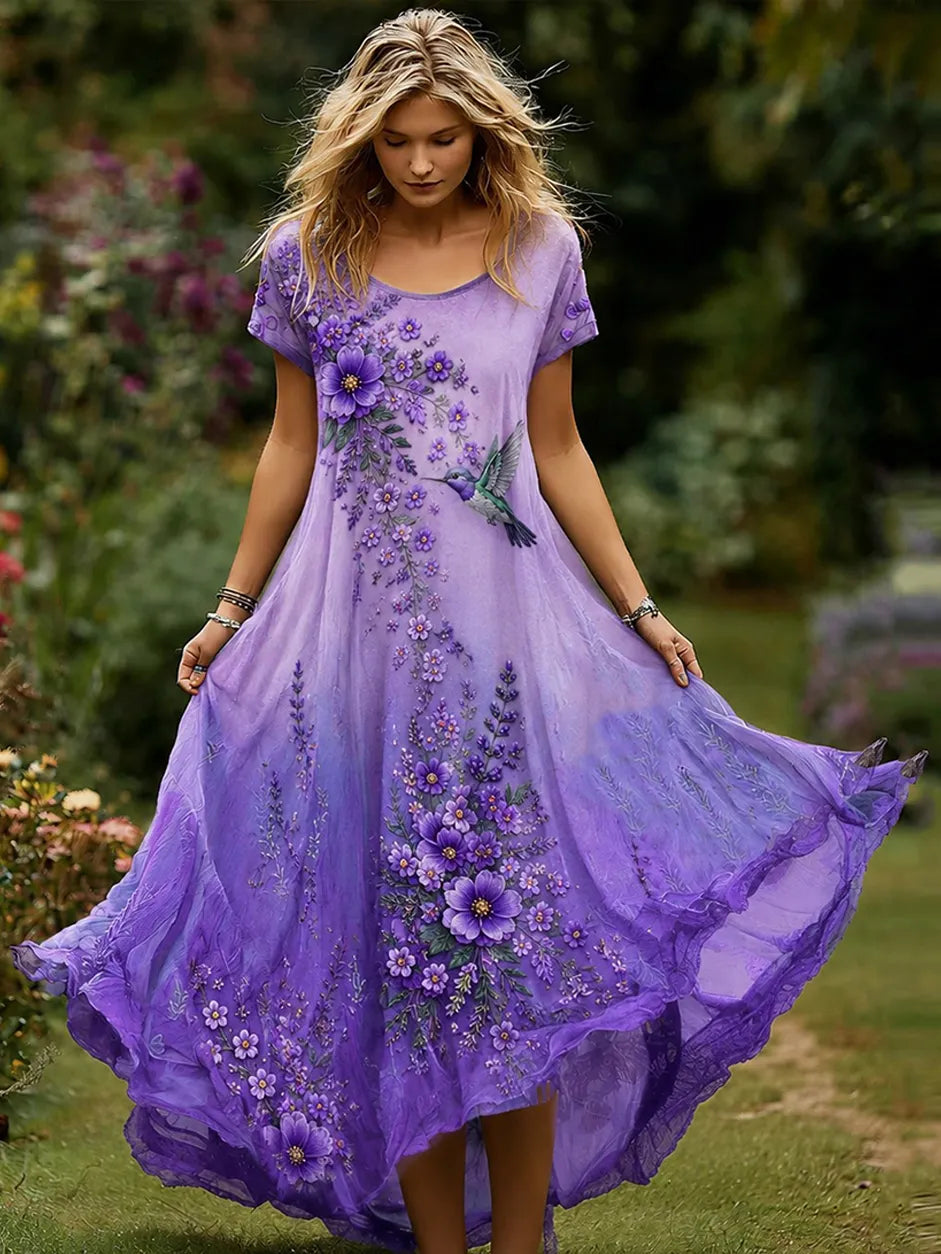 Women's Purple Floral Hummingbird Print Alzheimer's Disease Care Casual  Dress