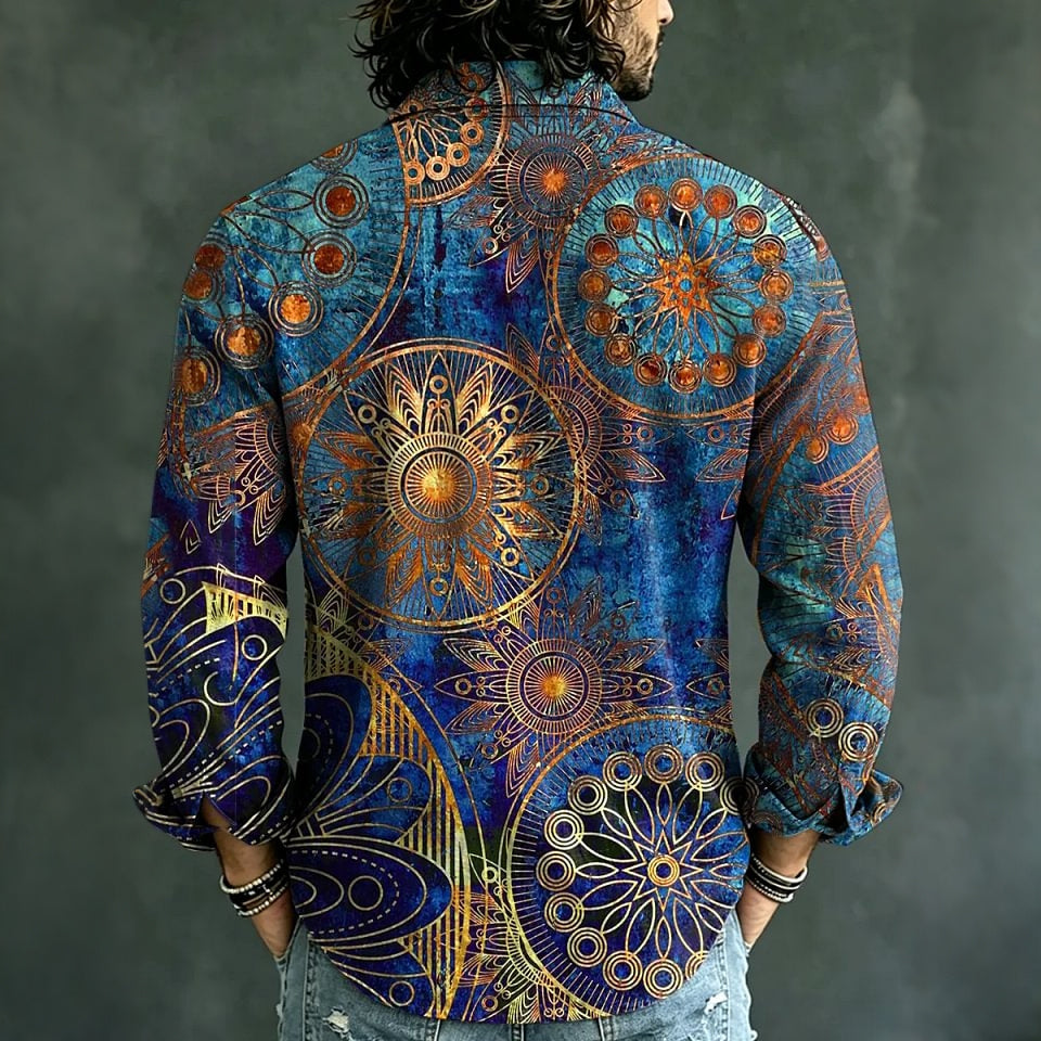 Men's Hippie Art Print Long Sleeves Linen Shirt