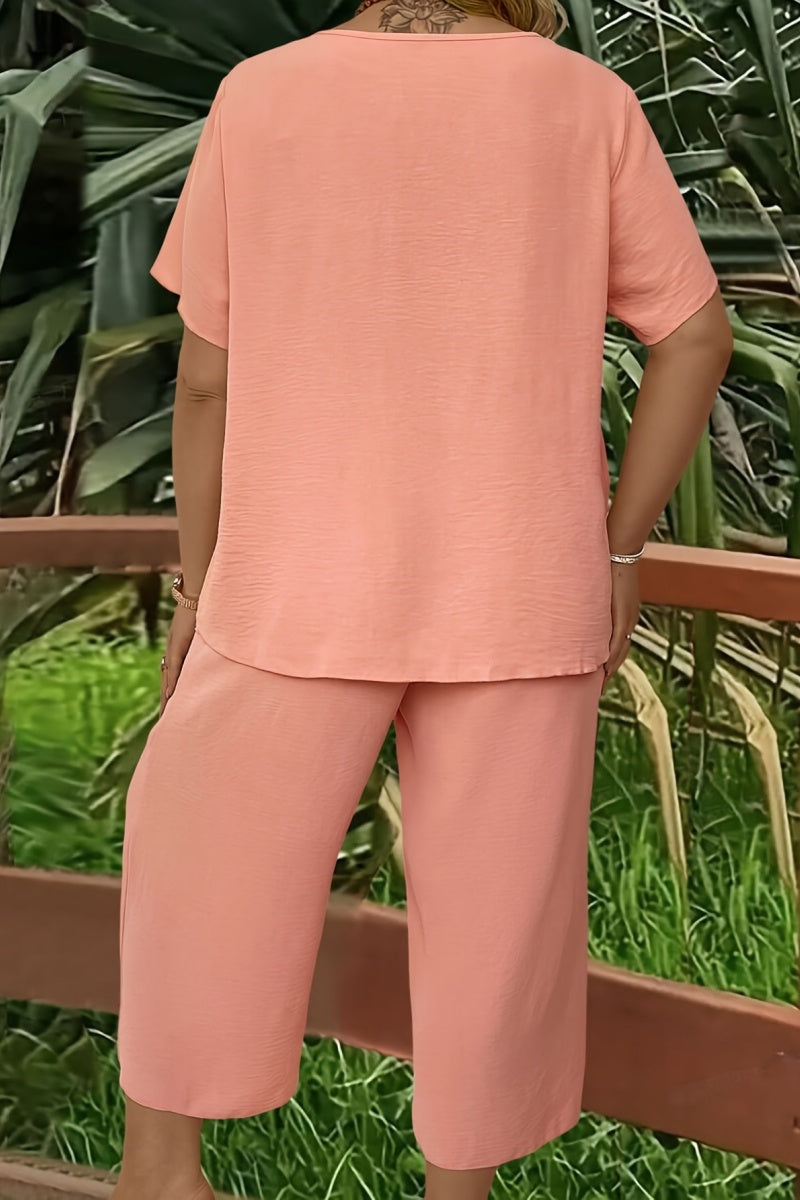 Elegant Plus Size Women's Solid Color Short Sleeve Fashion Top & Casual Wide Leg Pants Set