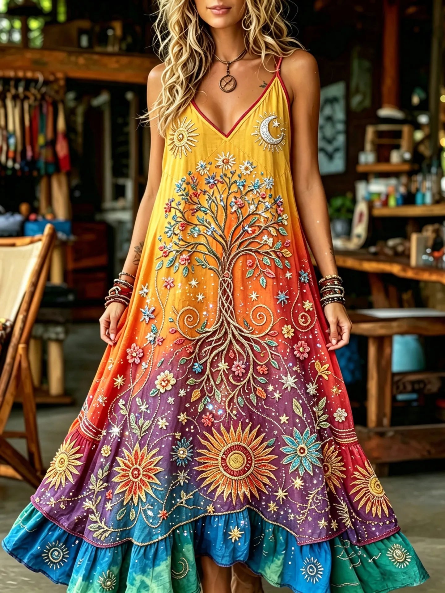 Women's Hippie Peace And Floral Gradient Embroidered Sleeveless Casual Maxi Dress