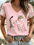 Women's Casual Breast Cancer Flowers and CAT Print Short-Sleeve T-Shirt