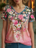 Women's Breast Cancer Awareness Floral Art V-Neck Short-Sleeve T-Shirt