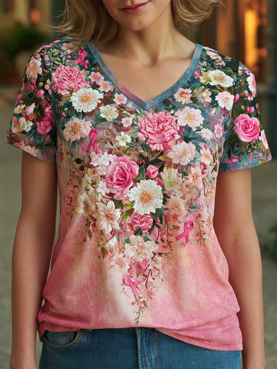 Women's Breast Cancer Awareness Floral Art V-Neck Short-Sleeve T-Shirt