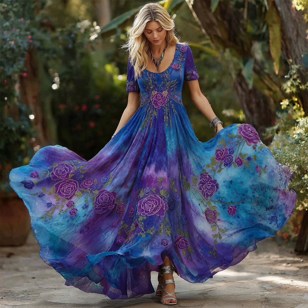 Women's Retro Purple Rose Gradient Pattern Short-sleeved Dress