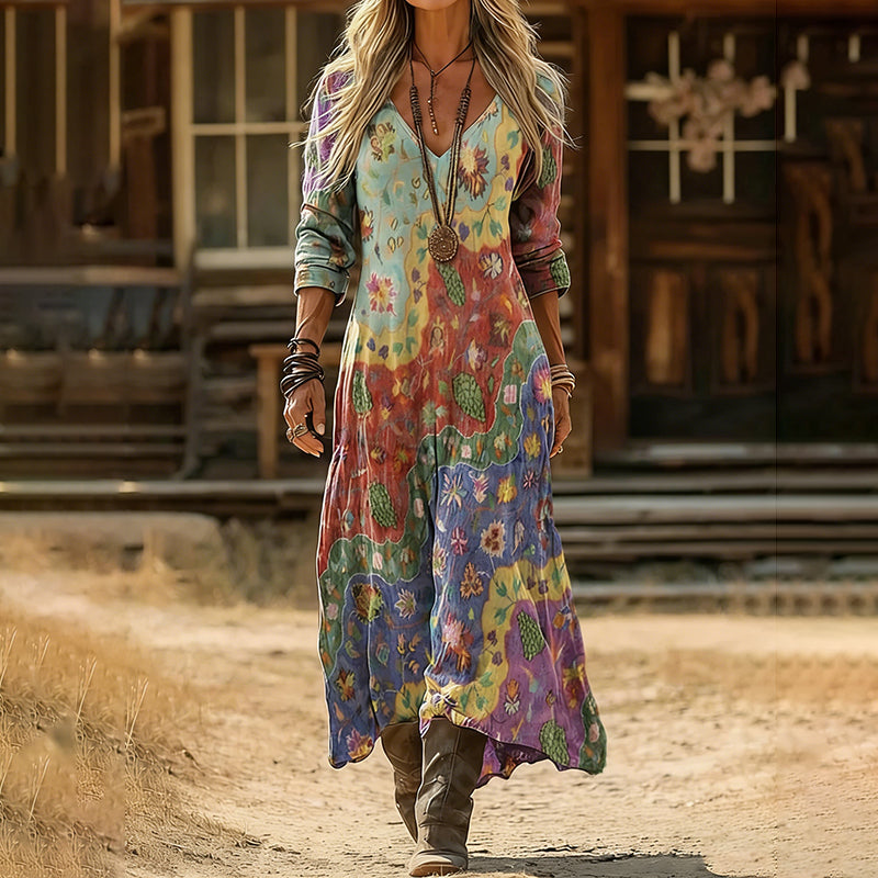 Vintage  Ethnic Floral Art Pattern Linen Blend  V-neck Loose Long Sleeve Midi Dress